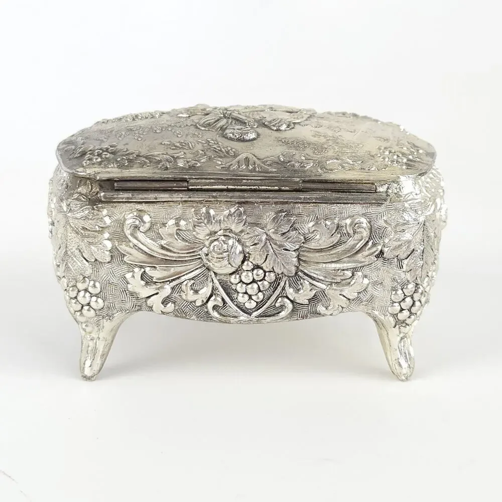 VTG Silver Tone Ornate Footed Jewelry Trinket Box Lined Victorian Cottage 4x2.5